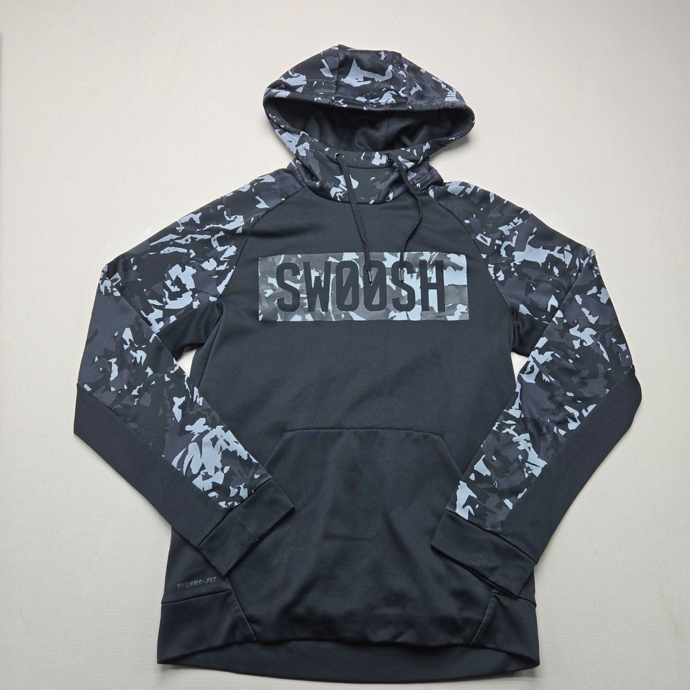 Nike Hoodie Therma-FIT Swoosh Camo Graphic Black Mens Size S Pullover Sweatshirt